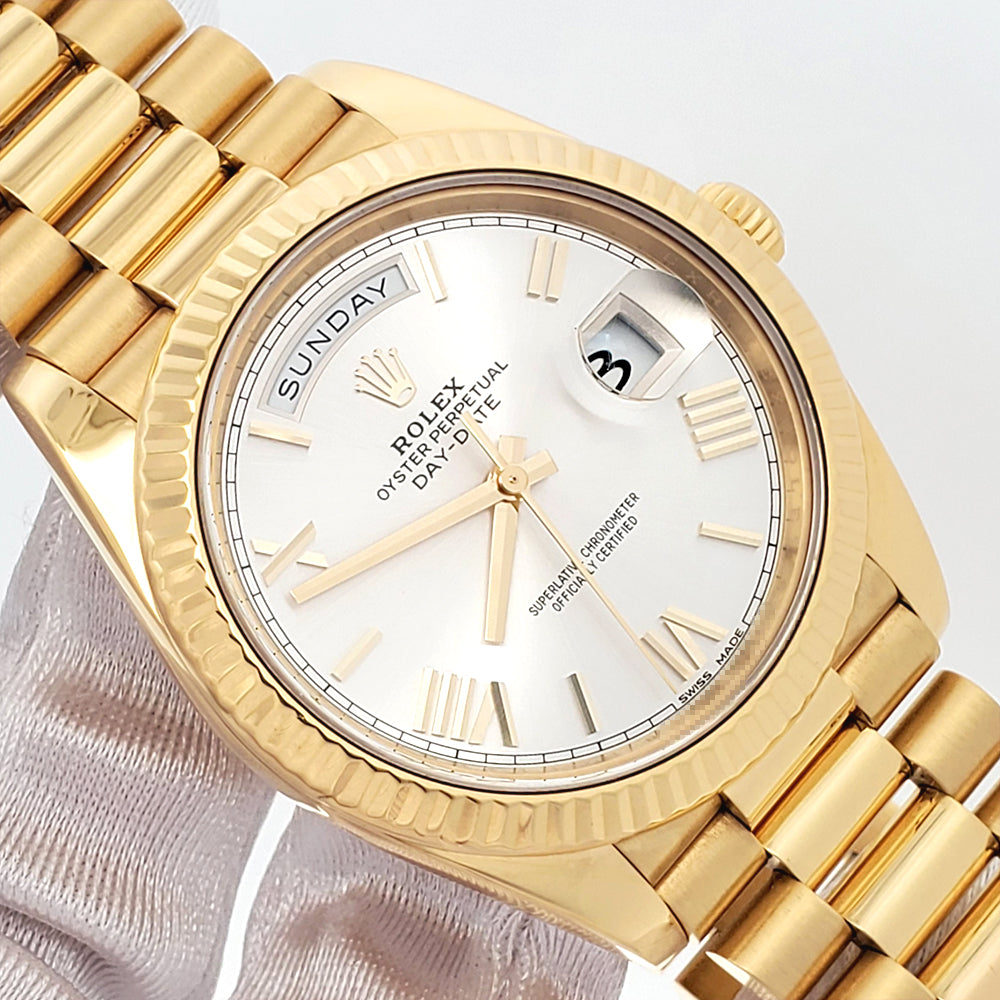 Rolex President Day-Date 40 Yellow Gold Silver Roman Dial Watch 228238 Box Papers