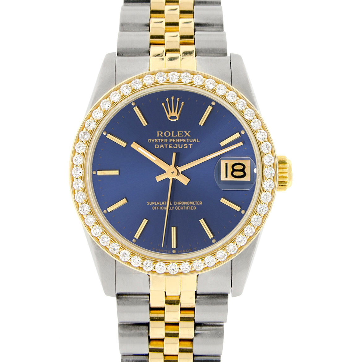 Rolex Datejust 2-tone 31mm 68273 Blue Index Dial Watch With 0.95ct Diamond Bezel