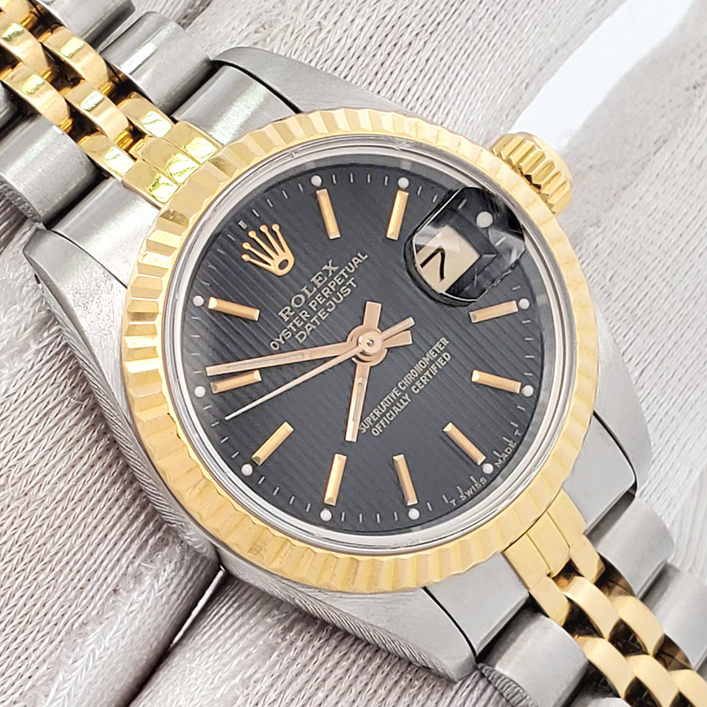 Rolex Datejust 26mm 2-Tone Yellow Gold/Steel Black Tapestry Dial Jubilee Watch 69173 Papers