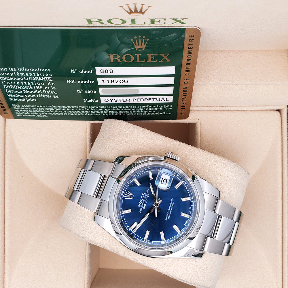 Rolex Datejust 36mm Blue Index Steel Jubilee Watch 116200 Box Papers