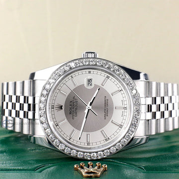 Rolex Datejust 36MM Silver Tuxedo Dial Steel Jubilee Watch with 1.85CT Custom Diamond Bezel 116200