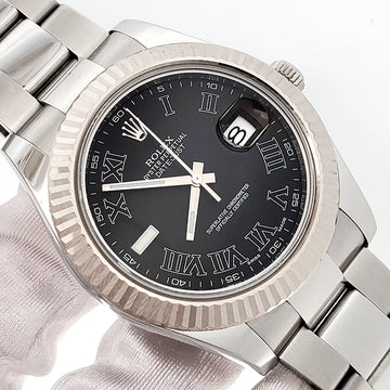 Rolex Datejust II 41mm 116334 Black Roman Dial White Gold Fluted Bezel Steel Watch Box Papers