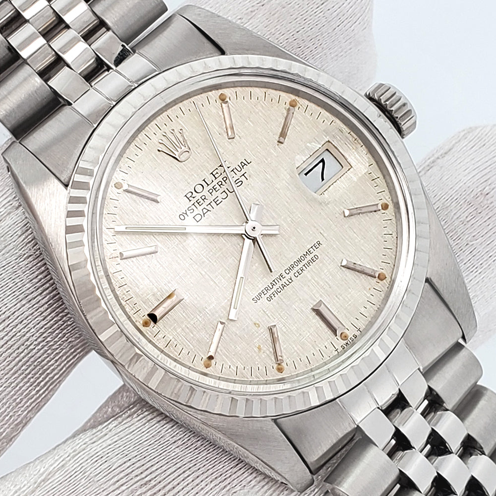 Rolex Datejust 36mm Silver Linen Dial White Gold Fluted Steel Jubilee Watch 16014