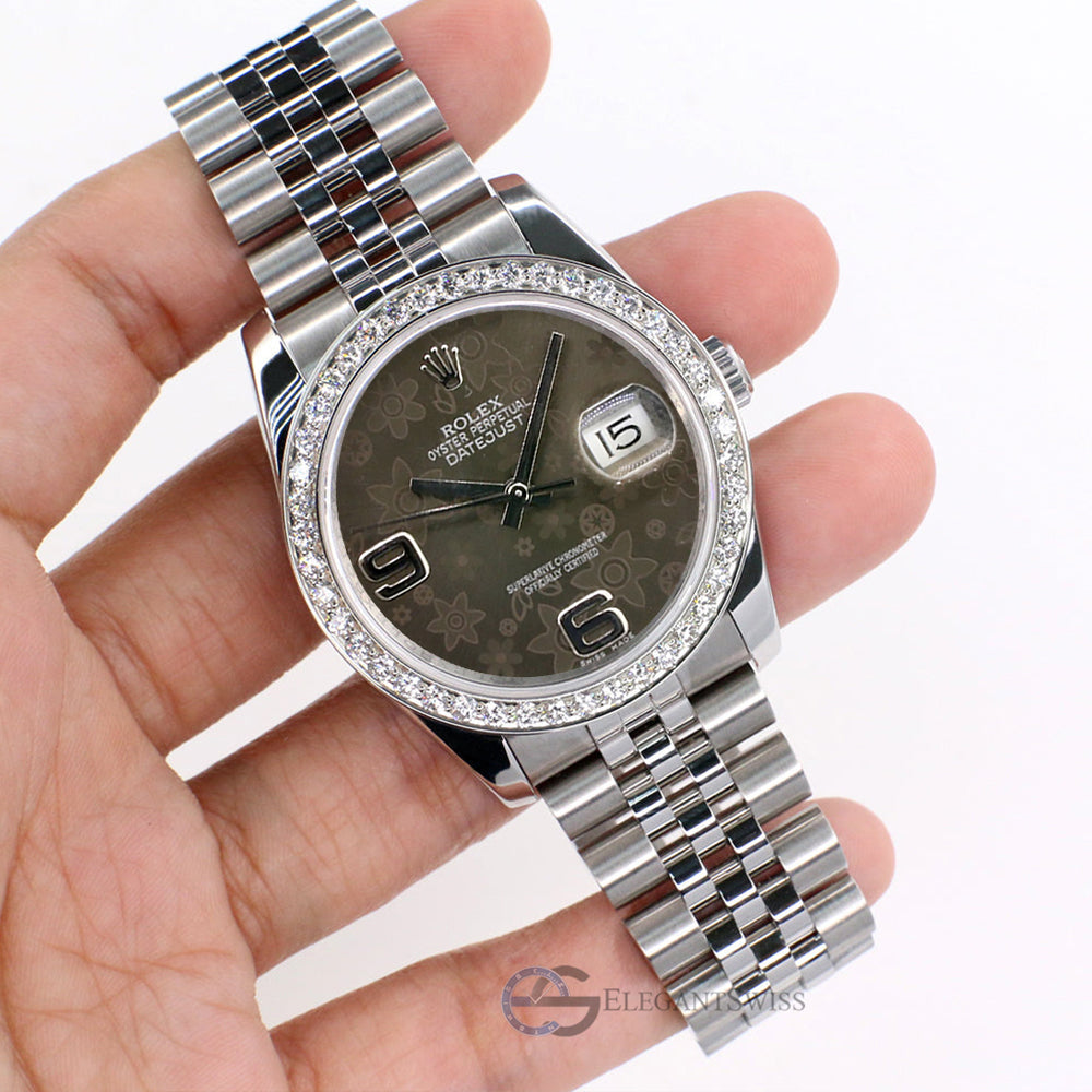 Rolex Datejust 36mm Rhodium Floral Dial Steel Jubilee Watch with 2ct Custom Diamond Bezel 116200