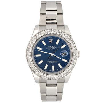Rolex Datejust II 41mm 6.25ct Dome Diamond Bezel/Blue Index Dial Steel Watch 116300 Box Papers