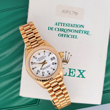 Rolex President Ladies 26mm 69178 White Roman Dial Yellow Gold Watch Box Papers