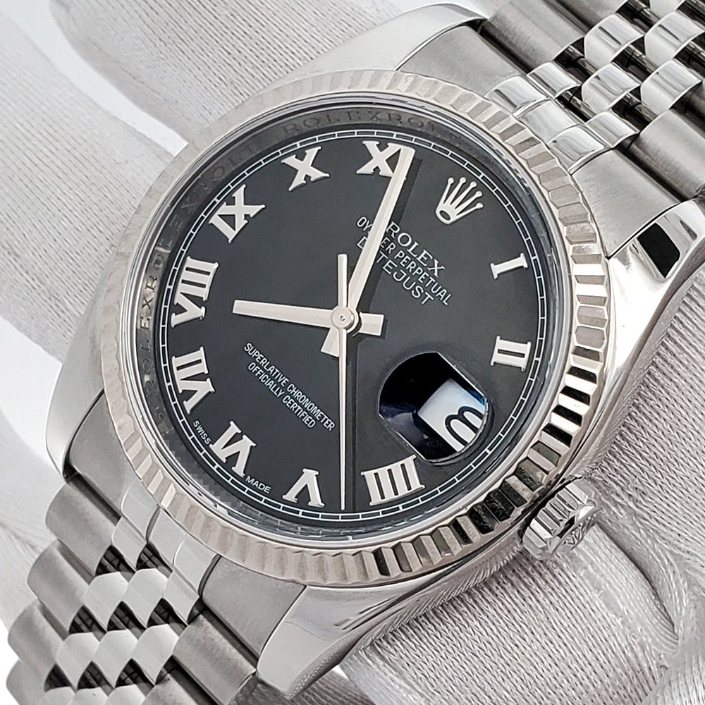 Rolex Datejust 36mm Black Roman Dial White Gold Fluted Bezel Steel Jubilee Watch 116234 Box Papers