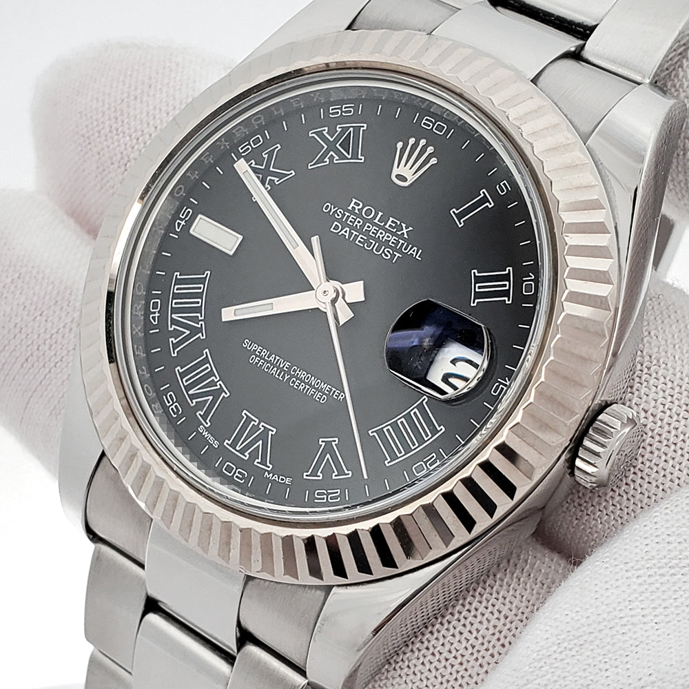 Rolex Datejust II 41mm 116334 Black Roman Dial White Gold Fluted Bezel Steel Watch Box Papers