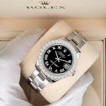 Rolex Datejust 178240 31mm Black Roman Dial 2.25ct Diamond Bezel Steel Watch