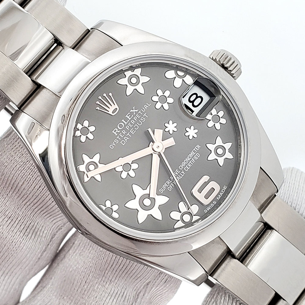 Rolex Datejust Rhodium Floral Dial Steel Oyster Midsize 31mm Watch 178240