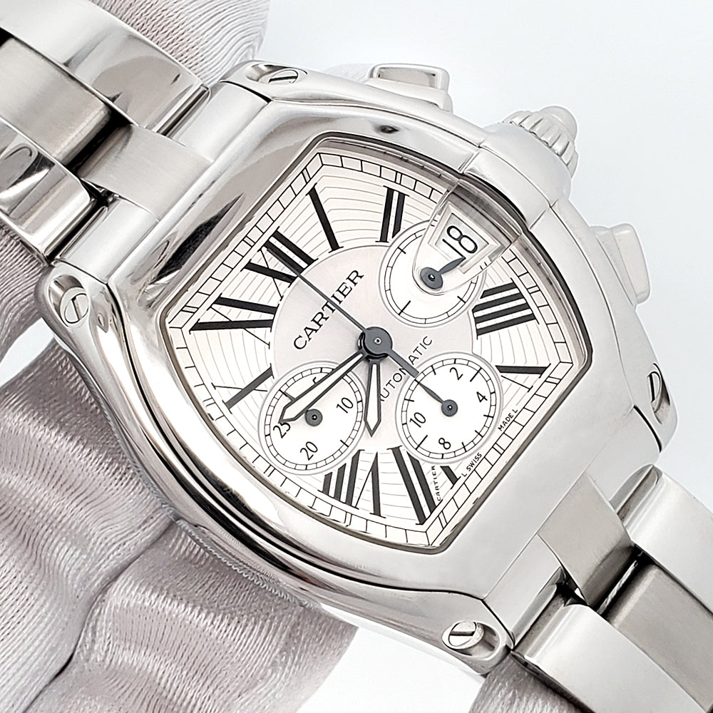 Cartier Roadster XL Chronograph 43mm Silver Roman Steel Watch W62019X6 2618 Papers