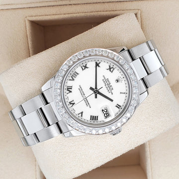 Rolex Datejust Midsize 31mm White Roman Dial 1.62ct Diamond Bezel Steel Watch