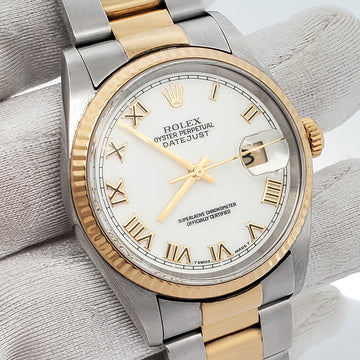 Rolex Datejust 16233 36mm White Roman Dial Yellow Gold And Steel Oyster Watch