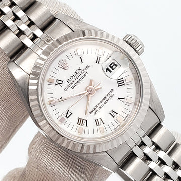 Rolex Datejust Ladies White Roman Dial Gold Fluted Bezel 26mm Steel Jubilee Watch 69174