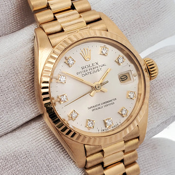 Rolex Datejust President 26mm 6917 Factory Silver Diamond Dial Yellow Gold Watch Box Papers