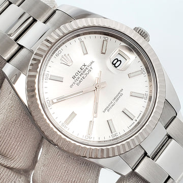 Rolex Datejust 41 Silver Index White Gold Fluted Bezel Oyster Steel Watch 126334 Box/Papers/Tag