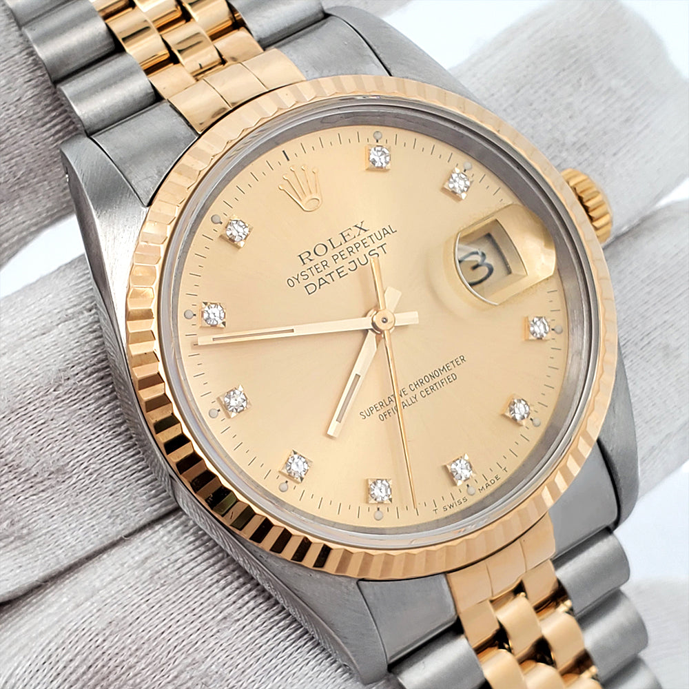 Rolex Datejust 36mm 16233 Factory Champagne Diamond Dial Yellow Gold/Steel Watch
