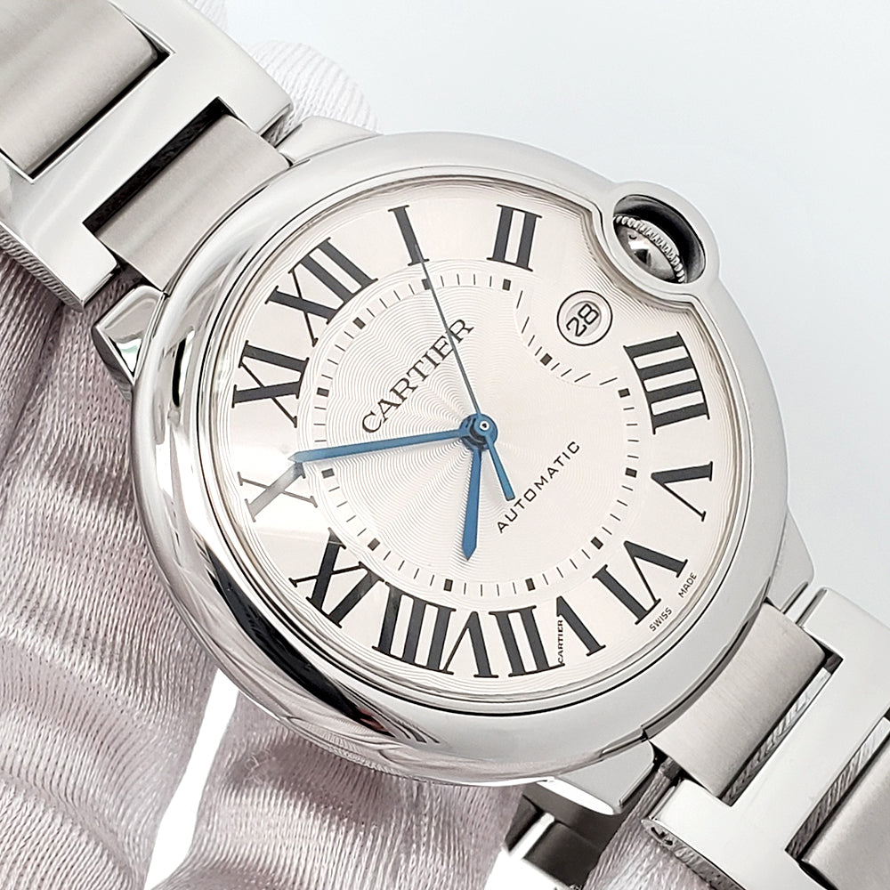 Cartier Ballon Bleu 42mm Silver Roman Steel Watch W69012Z4 3001 Papers