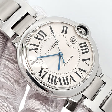 Cartier Ballon Bleu 42mm Silver Roman Steel Watch W69012Z4 3001 Papers