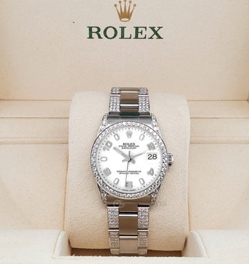 Rolex Datejust Midsize 31mm White Arabic Dial 3.5ct Diamond Bezel/Lugs/Bracelet Oyster Watch
