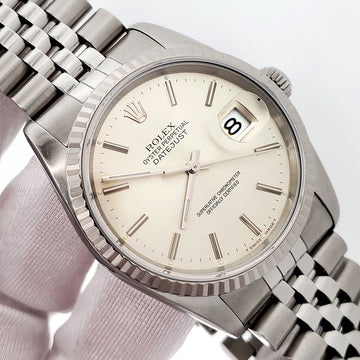 Rolex Datejust 36mm Silver Index White Gold Fluted Bezel Steel Jubilee Watch 16234 Papers