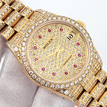 Rolex President 68288 Midsize Factory Diamond Bezel Custom 7.2ct Full Pave Diamond Yellow Gold 31mm Watch