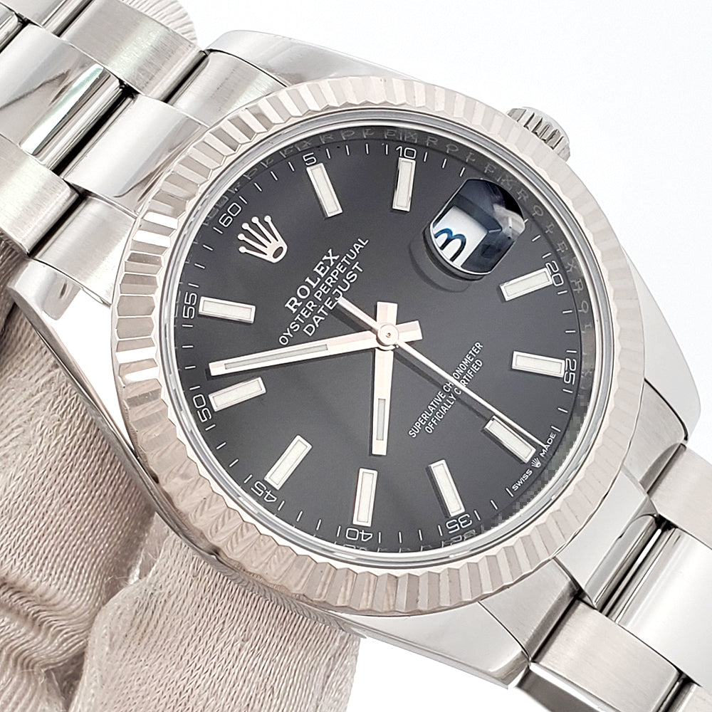 2021 Rolex Datejust 41 Black Index Dial White Gold Fluted Bezel Steel Oyster Watch 126334 Box Papers