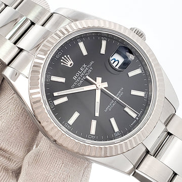 2021 Rolex Datejust 41 Black Index Dial White Gold Fluted Bezel Steel Oyster Watch 126334 Box Papers