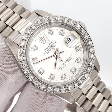 Rolex President Ladies 26mm Factory Silver Diamond Dial/Custom Bezel White Gold Watch 69179 Box/Apr