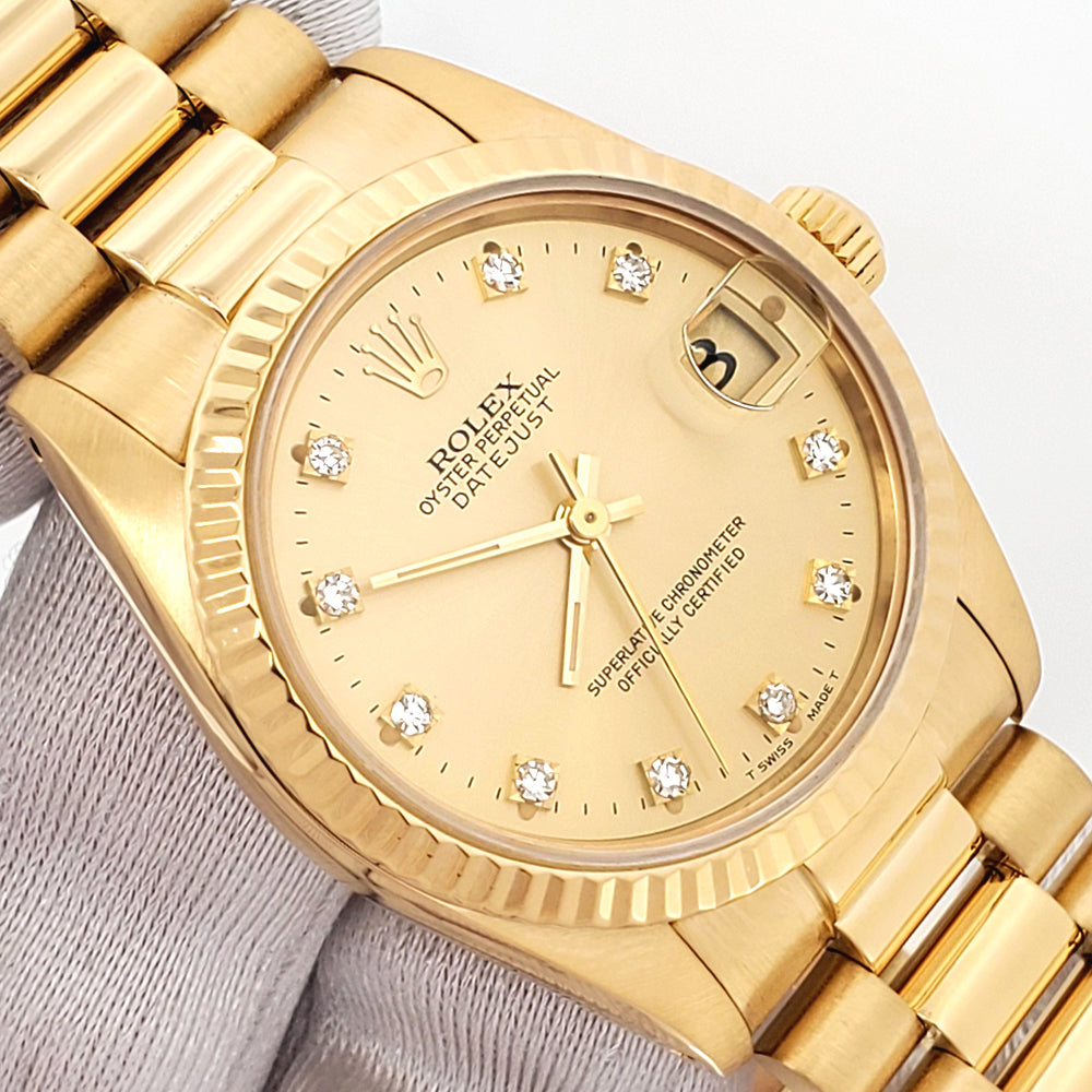 Rolex President Datejust 31mm Factory Champagne Diamond Yellow Gold Watch 68278