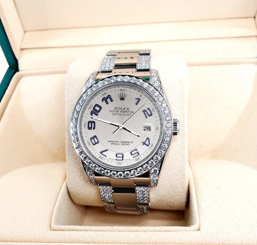 Rolex Datejust 36mm 5.9ct Diamond Bezel/Lugs/Bracelet/Silver Decorated Blue Arabic Dial Steel Watch 116200 Box Papers