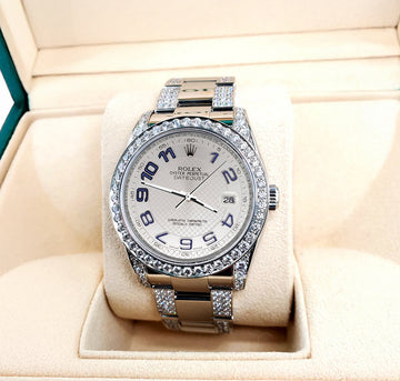 Rolex Datejust 36mm 5.9ct Diamond Bezel/Lugs/Bracelet/Silver Decorated Blue Arabic Dial Steel Watch 116200 Box Papers