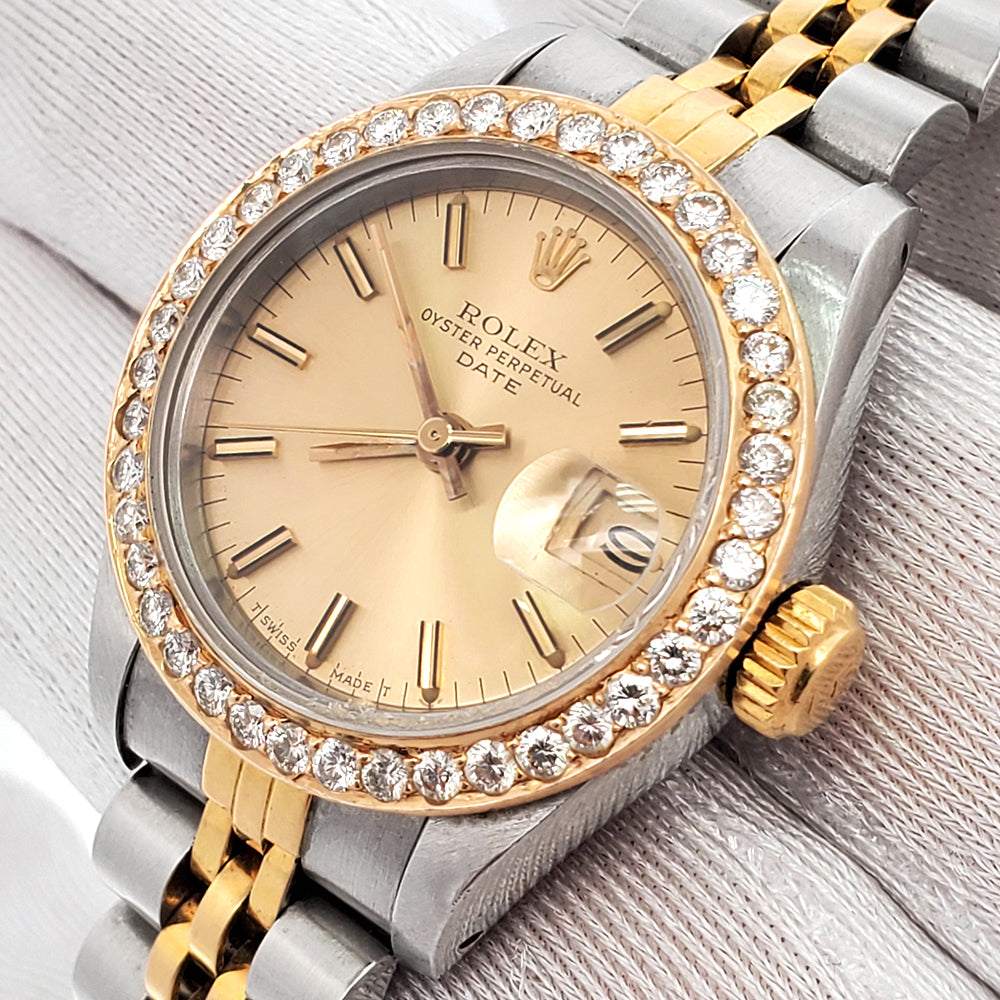 Rolex Datejust 26mm 69173 Champagne Index/Custom Diamond Bezel 2-Tone Jubilee Watch