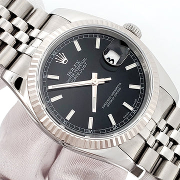2009 Rolex Datejust Black Index Dial White Gold Fluted Bezel Steel Jubilee 36mm Watch 116234 Box/Papers/Tag