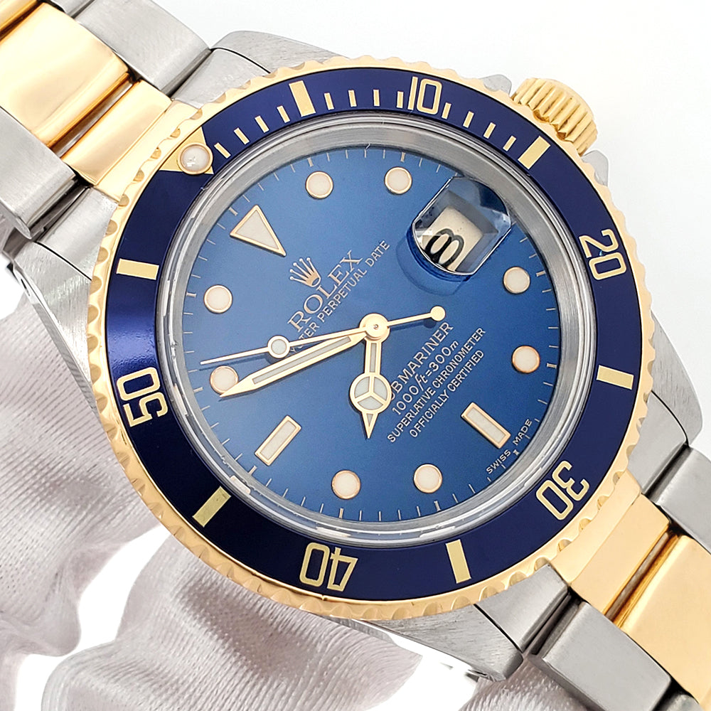 1990 Rolex Submariner Date 40mm Blue Dial/Bezel 2-Tone Yellow Gold/Steel Watch 16613 Papers