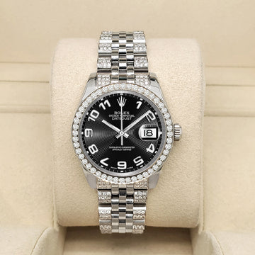 Rolex Datejust 31mm Black Concentric Arabic Dial 3.30ct Diamond Bezel/Bracelet Steel Watch 178240