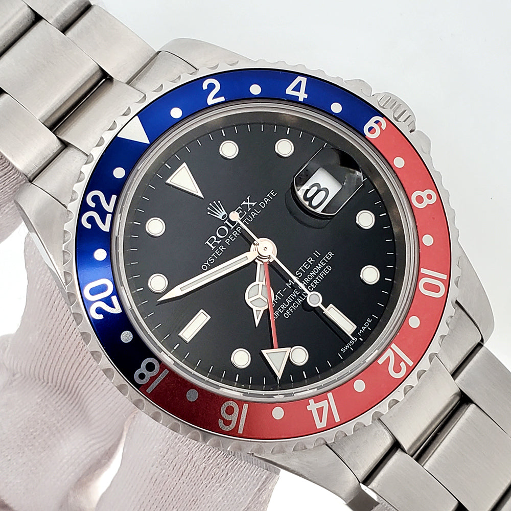 Rolex GMT-Master II 40mm Pepsi Bezel Rare Stick Dial Steel Watch 16710 Box/Service Papers