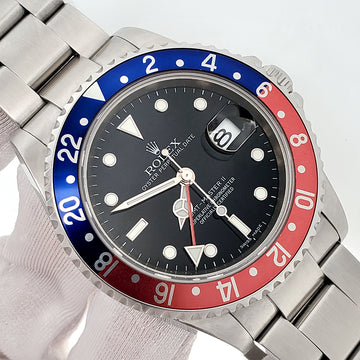 Rolex GMT-Master II 40mm Pepsi Bezel Rare Stick Dial Steel Watch 16710 Box/Service Papers