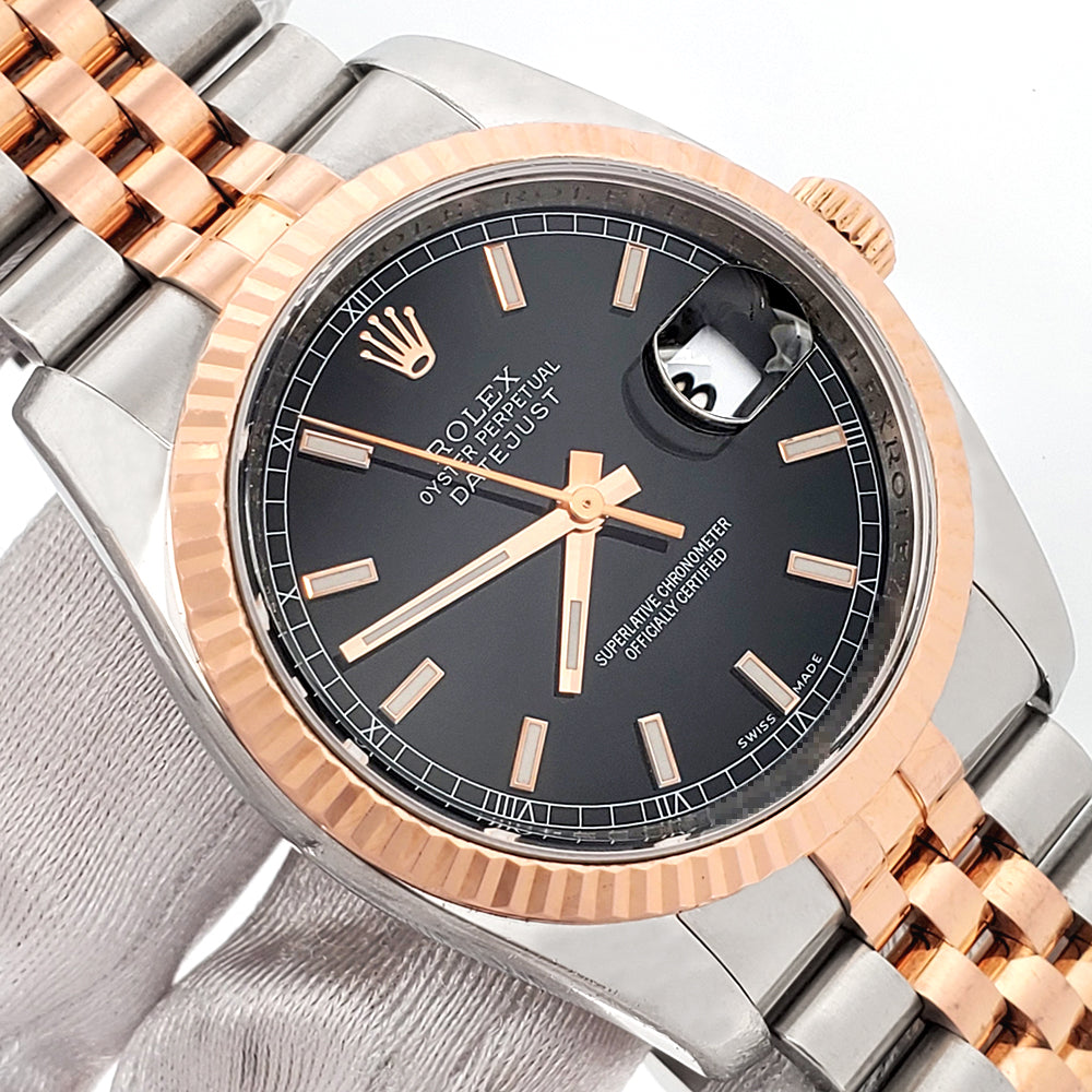 Rolex Datejust 36mm Black Index Dial Rose Gold/Steel Jubilee Watch 116231