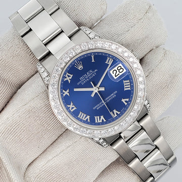 Rolex Datejust Midsize 31mm Blue Roman Dial 2.1ct Diamond Bezel/Lugs Oyster Watch