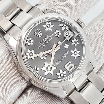 Rolex Datejust Midsize 31mm Rhodium Floral Dial Steel Oyster Watch 178240 Box Papers