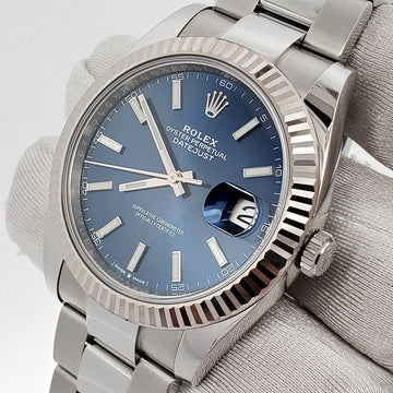 Rolex Datejust 41 Blue Index Dial White Gold Fluted Bezel Watch 126334 2019 Box Papers