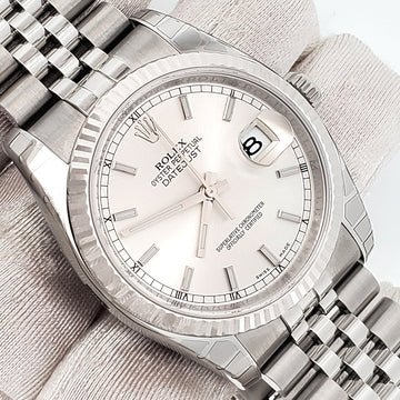 Unworn Stickered Rolex Datejust 36mm Silver Index White Gold Fluted Bezel Steel Jubilee Watch 116234 Box Papers