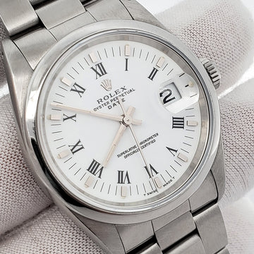 Rolex Date 34mm White Roman Smooth Bezel Steel Watch 15200