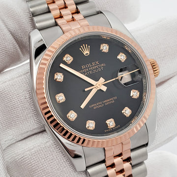 Rolex Datejust 36mm Factory Black Diamond Dial 2-Tone Rose Gold/Steel Jubilee Watch 116231