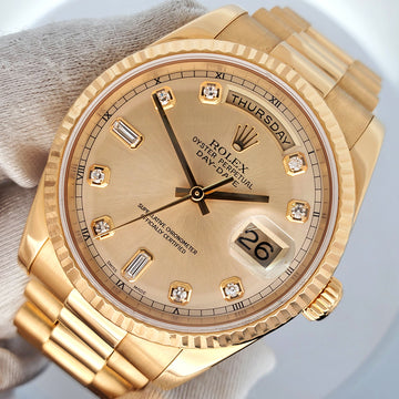 Rolex President Day-Date Factory Champagne Diamond Dial Yellow Gold 36mm Watch 118238