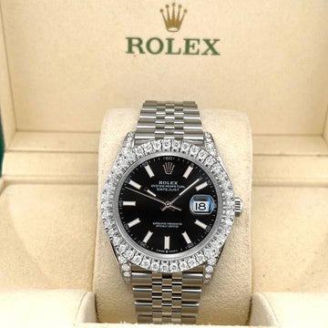 Rolex Datejust 41 Custom 4.4CT Diamond Bezel/Lugs/Black Index Dial Steel Jubilee Watch 126300 Box/Papers/Appr