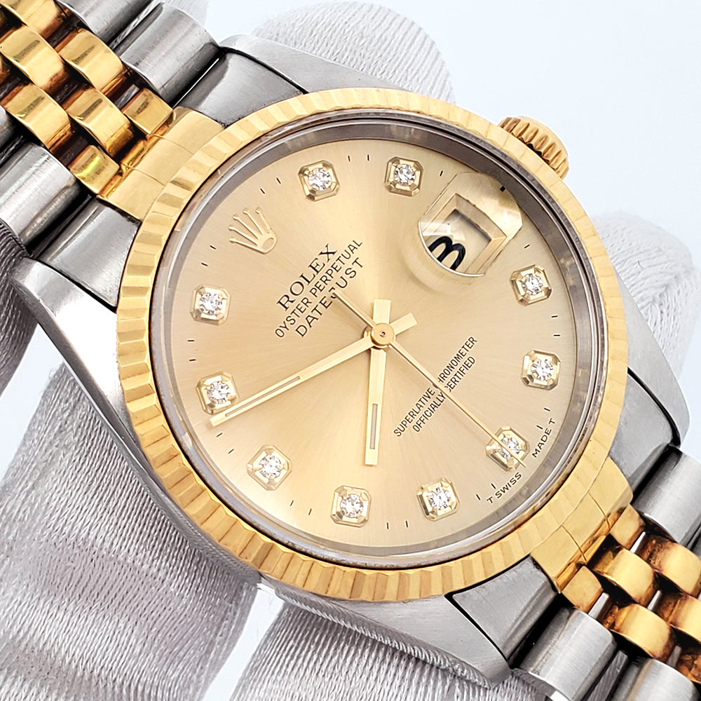 1995 Rolex Datejust Factory Champagne Diamond Dial 36mm 16233 Yellow Gold/Steel Watch Papers