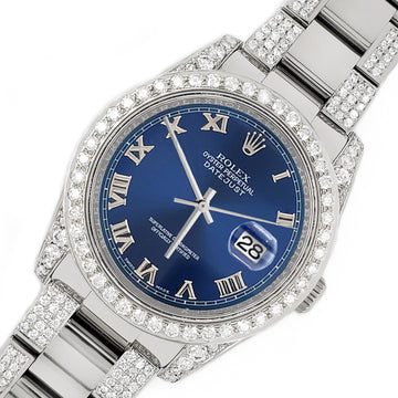 Rolex Datejust 36mm 5.9ct Diamond Bezel/Lugs/Bracelet/Blue Roman Dial Steel Watch 116200 Box Papers