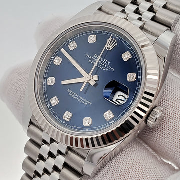 2021 Rolex Datejust 41 126334 Factory Diamond Blue Fluted Bezel Jubilee Steel Watch Box Papers